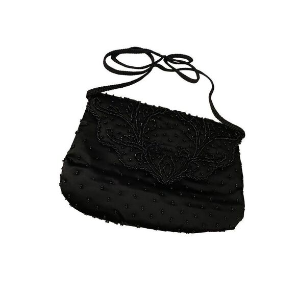 La Regale Vintage Black Satin Beaded Handbag Purse - Picture 6 of 10